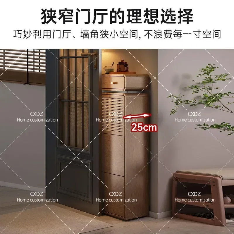 Solid Wood Ultra Thin Tipping Bucket Shoe Cabinet Household Entryway Storage Rack Wall Mounted Rattan Shoe Organizer