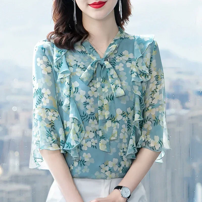 

New Summer Women Blouse Floral Loose Shirt V-Neck Chiffon Blouses Female Half Sleeve Top RufflesCasual Shirts Tops S-5XL