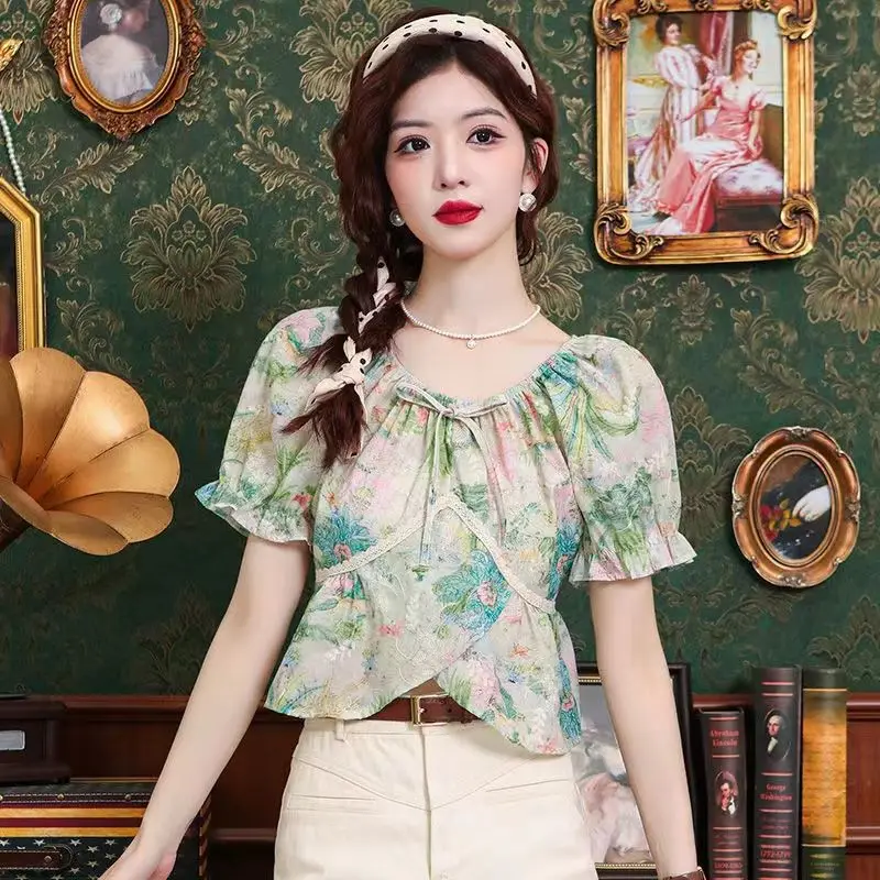 Korean Pastoral Style Flower Embroidery Straps Floral Loose Short-sleeved Shirt Top