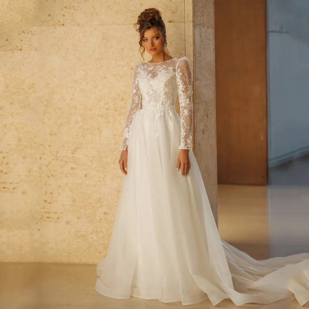 

Elegant Wedding Dresses For Bride Lace A-Line Scoop Neck Princess Bride Gowns Applique Long Sleeve robe de mariée Customized