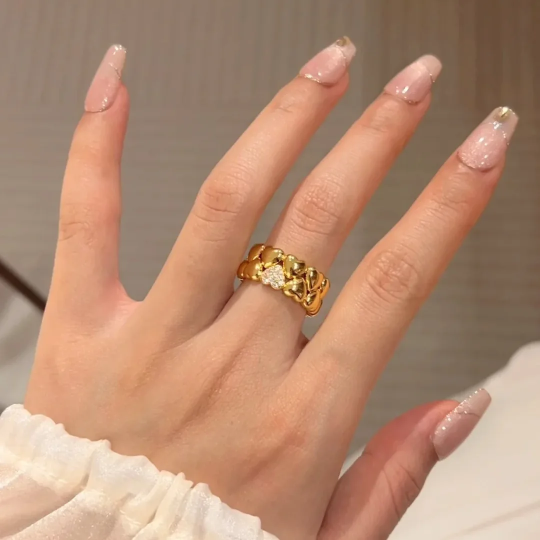 Double-layer love ring, light luxury, high-end sense, diamond-set, double-layer heart-shaped stacked silver ring for women