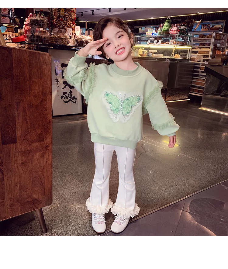Herbst Kinder Mädchen Sweatshirts Schwestern Partnerlook Baumwollkleidung Pailletten Schmetterling Rüschenbesatz Langarm Rundhals Pullover Tops – Detail 17