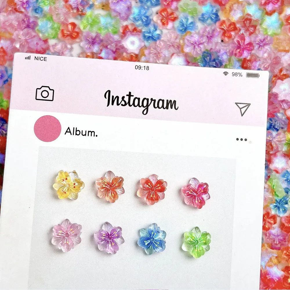 30Pcs Random Color Gradient Five Petal Flower Resin Nail Charms Ice Transparent 3D Nail Art DIY Decoration Accessories