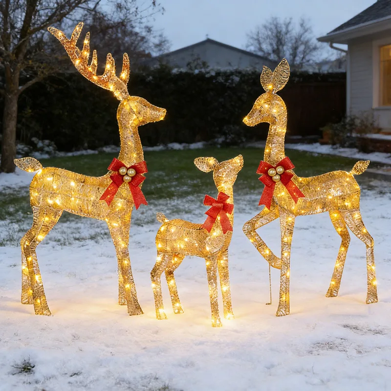 Luminous Wrought Iron Christmas Elk, Large LED Cotton Thread Lighted Deer, Golden Xmas Party Decorative Light