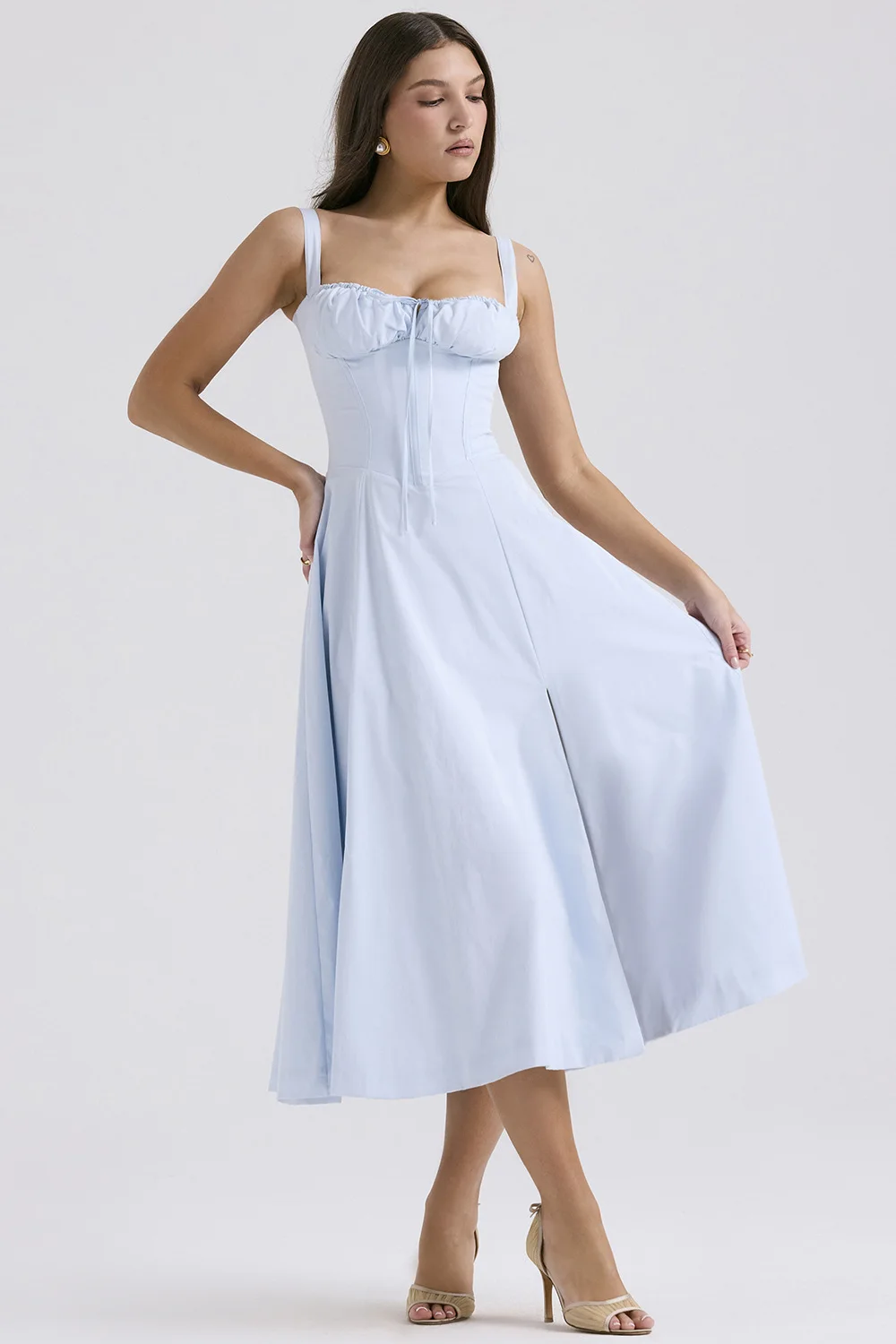 Soft Cotton Bustier Sundress Midi Dress Blue Neck Ruched Midaxi Dress Tie Backless High Split Halter Dress Holiday Style Dress