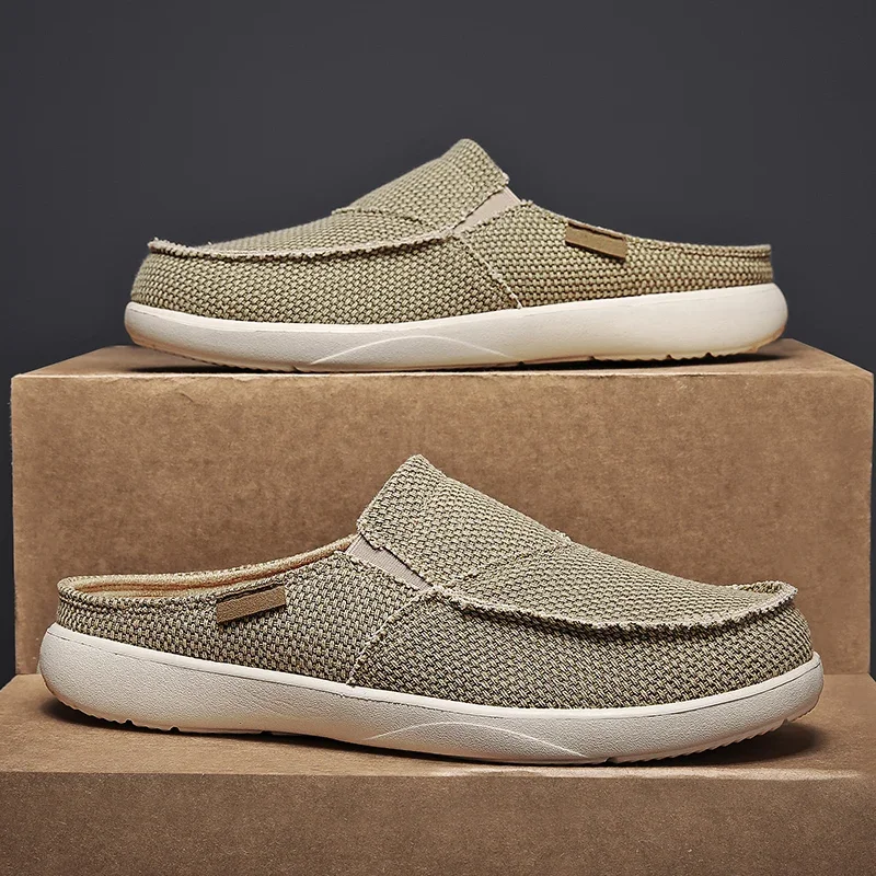 Men Canvas Sneakers Comfortable Slip-on Flats Casual Shoes Men Slippers Men Half Slipper Breathable Walking Shoes Non-slip