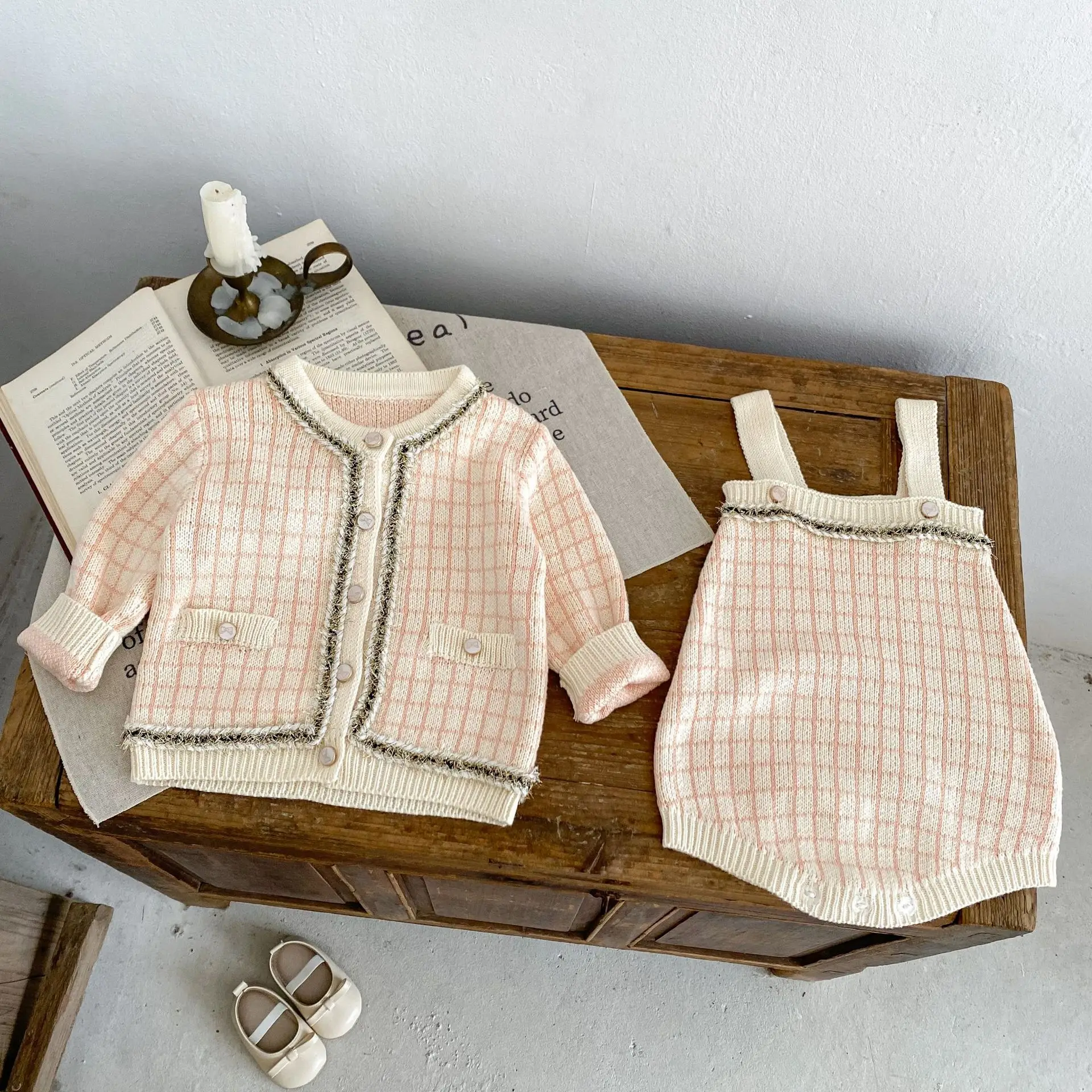 

MILANCEL Autumn Baby Knitted Bodysuit 0-3Y Girls Plaid Jacquard One Piece Clothing Toddler Short Overalls Matching Sweater Coat