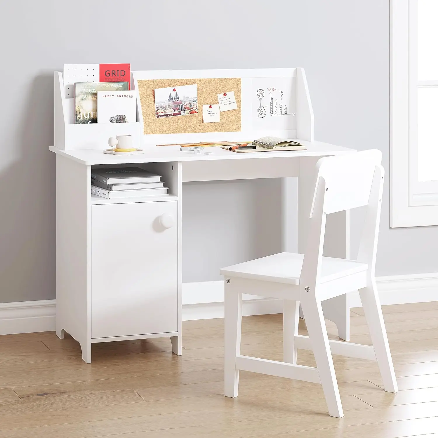 Kids Study Desk with Chair, Wooden Children School Study Table with Hutch and Chair for 3-8 Years Old, Student's Study Computer