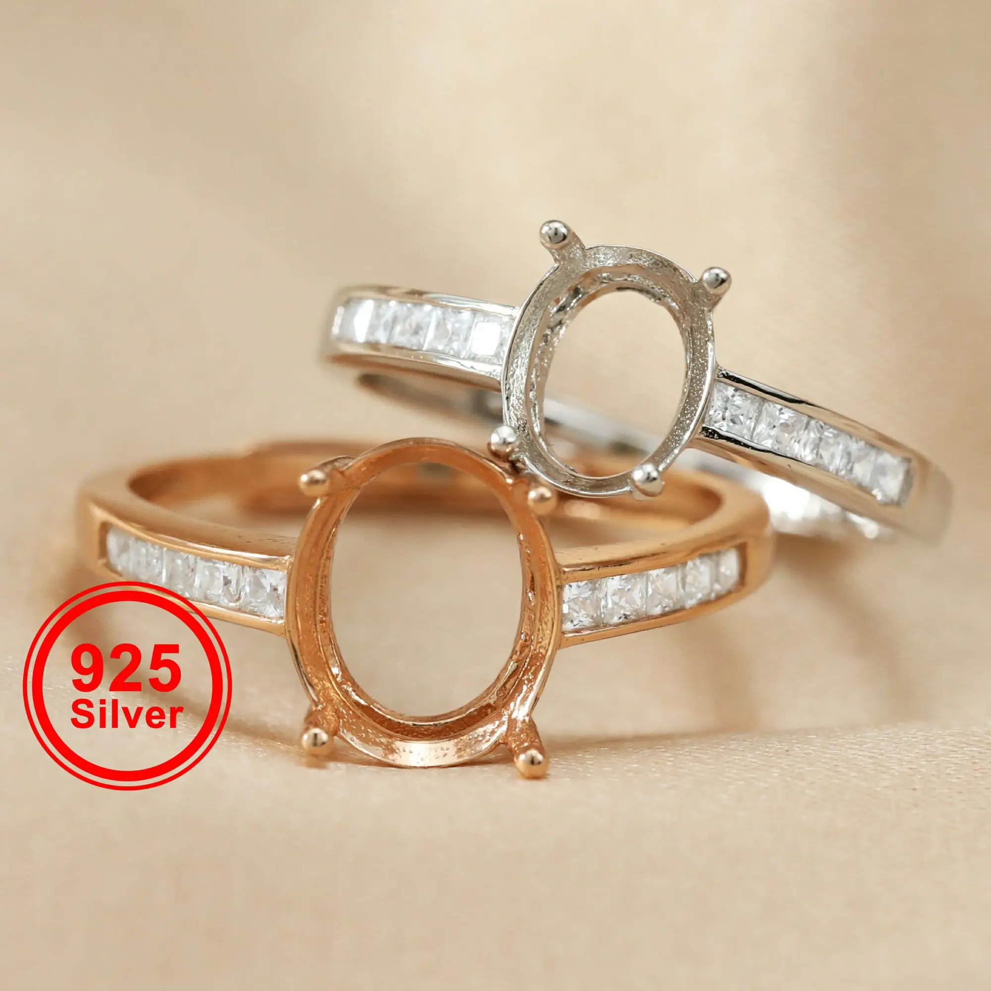 

Multiple sizes oval simple rose gold silver Gems CZ stone prong bezel solid 925 sterling silver adjustable ring settings 1224011