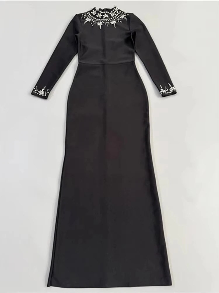 2025 mujeres de lujo Sexy de manga larga rebordear negro Maxi vestido ceñido largo elegante vestido de fiesta de noche para Club