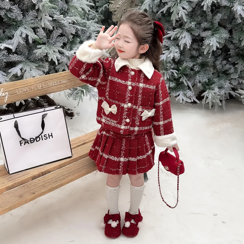 winter design Christma children outfit kids suit Color blocked lapel plaid jacket+pleated skirt 2pcs 2-10 baby girls clothes set