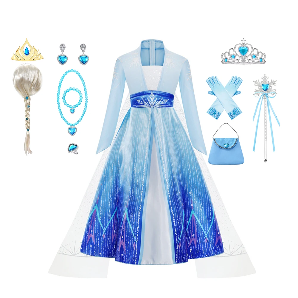 

Girls Elsa Costume Blue Long Sleeve Carnival Costume Fancy Children Gowns Vestidos Snow Queen