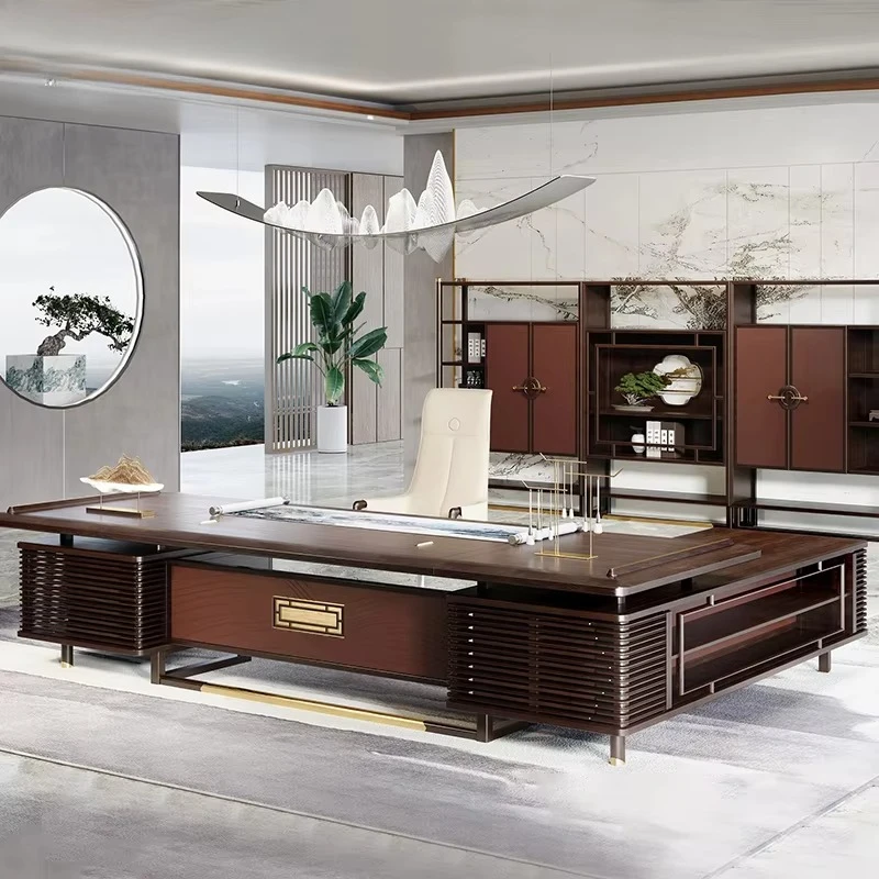 Chinese-style desk ebony leather CEO desk with hand-embroidered panels Luxury presidential desk