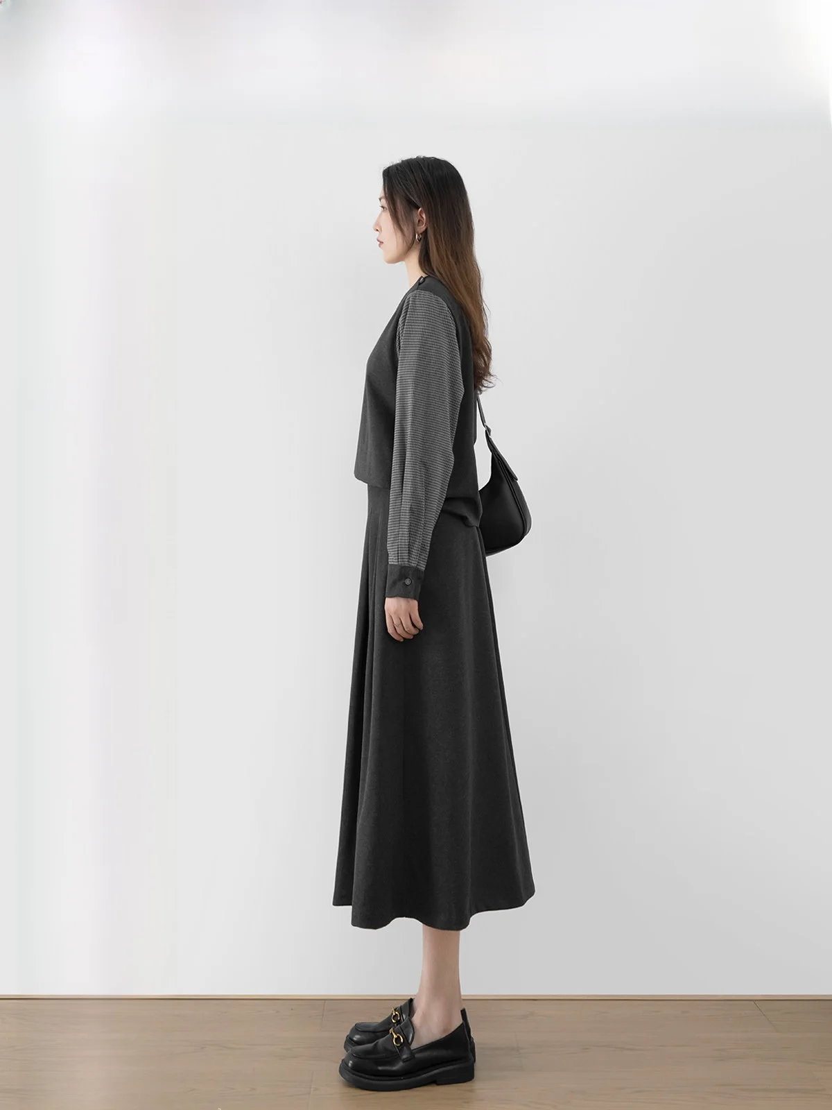 

Весенне-осенний женский шерстяной костюм с волнистым узором: топ с пэчворком и длинная юбка, модный универсальный комплект из двух предметов