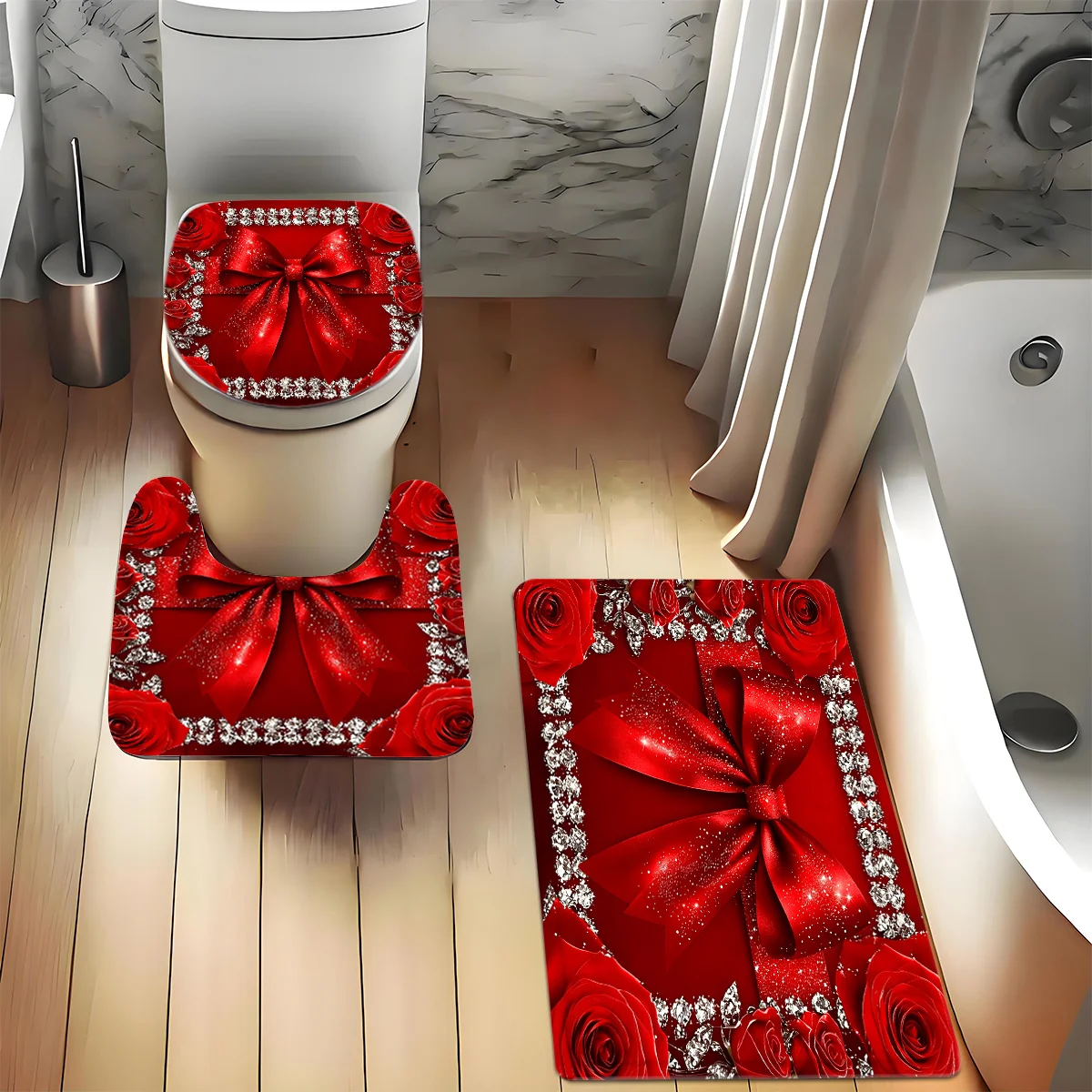 3Pcs Red Gift Bow Rose Diamond Border Bathroom Rug Set, Luxury Red Bow Gift Box Red Rose Rhinestone Glitter Print Non‑Slip Bath Mat, U‑Shaped Contour Rug and Toilet Lid Cover, Romantic Holiday Gift‑Style Bathroom Floor Decor Mats