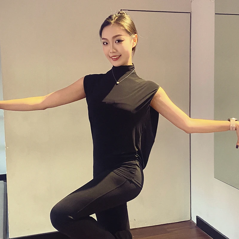 Hauts de danse latine amples pour femmes, sans manches, col haut noir, vêtements de danse pour enseignant, vêtements d'entraînement de danse latine pour adultes DNV25319