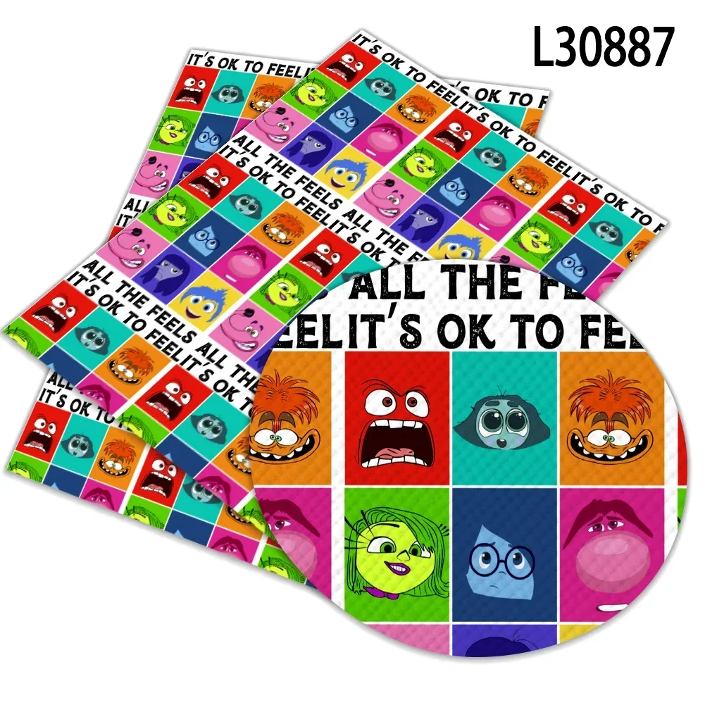 Hot Selling Disney Cute Inside Out 2 Cartoon Printed Faux Leather Sheets Vinyl Sheets DIY Earring Hair Bow Crafts Leather 12*8\