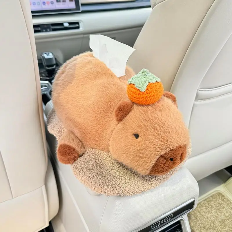 Creative 2 In 1 Car Tissue Box Doll Cartoon Garbage Can Capybara Short Plush Car Tissue Holder Car Tissue Box Car Accessories