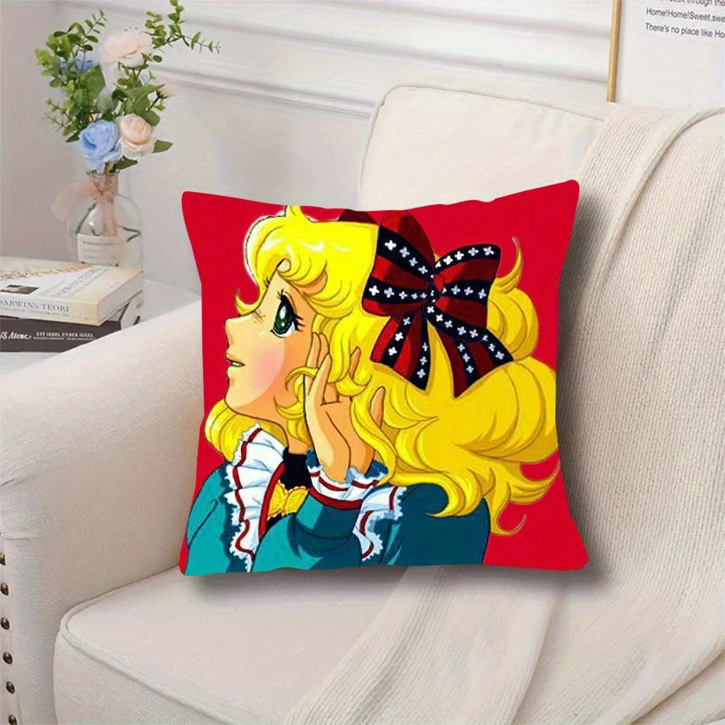 1pc Whimsical Golden-Haired Girl Pillow Cover 45x45cm Red Polyester Zipper Machine Washable Home Decor – No Insert
