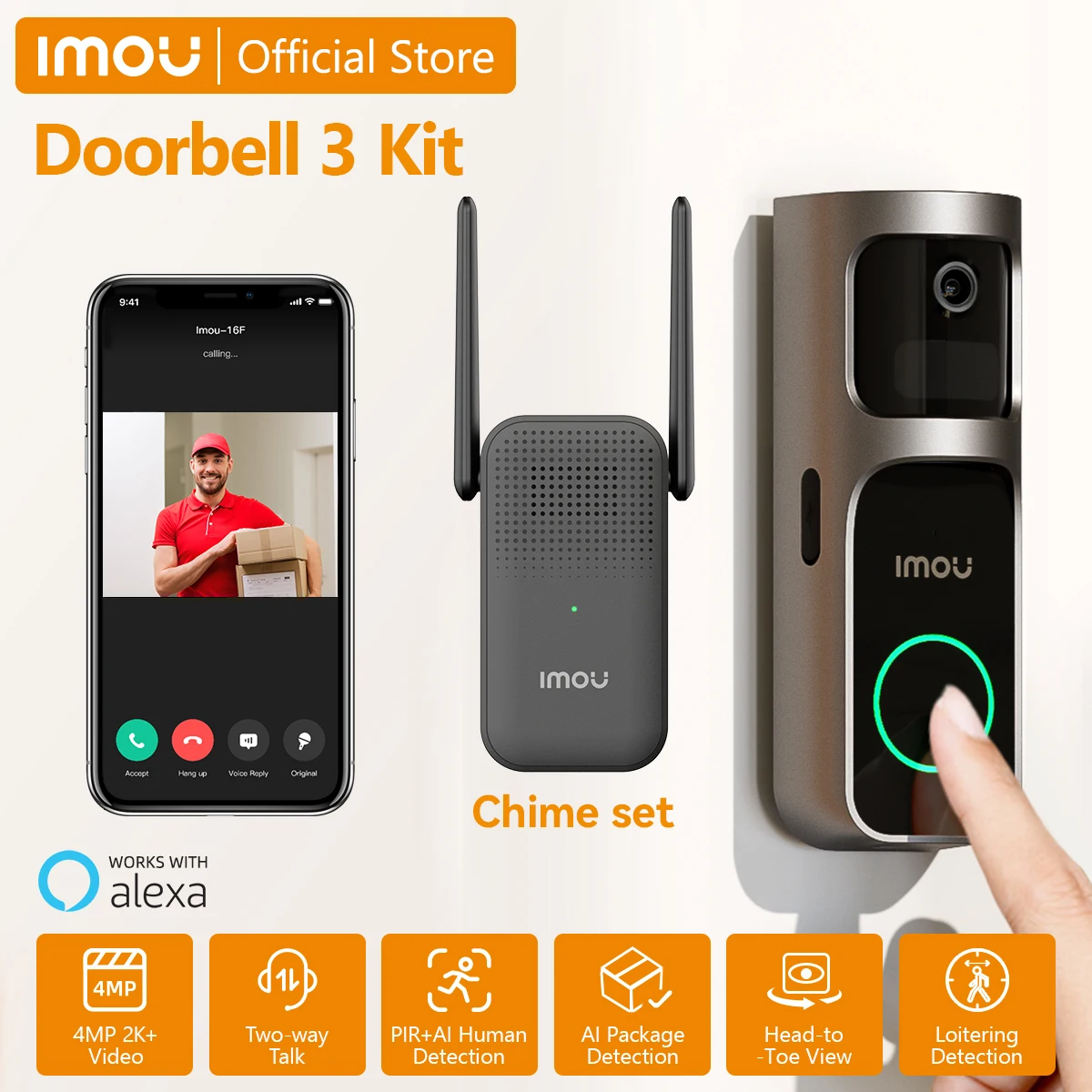 

IMOU 360° ° Вид 4-мегапиксельный видеодверной звонок 3 с перезвоном, объектив «рыбий глаз», обнаружение пакета человека, перезаряжаемая батарея, двусторонний разговор, водонепроницаемый