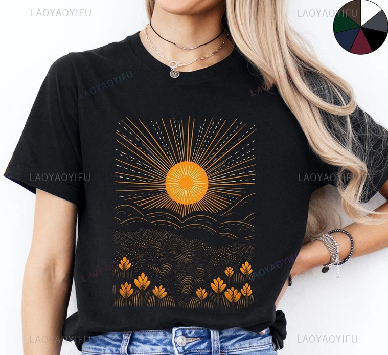 Sun Tee Shirt Lino Cut Nature Graphic T Shirt Cottagecore Clothes Boho Celestial Summer Harajuku New Style Printed T Shirt Tops