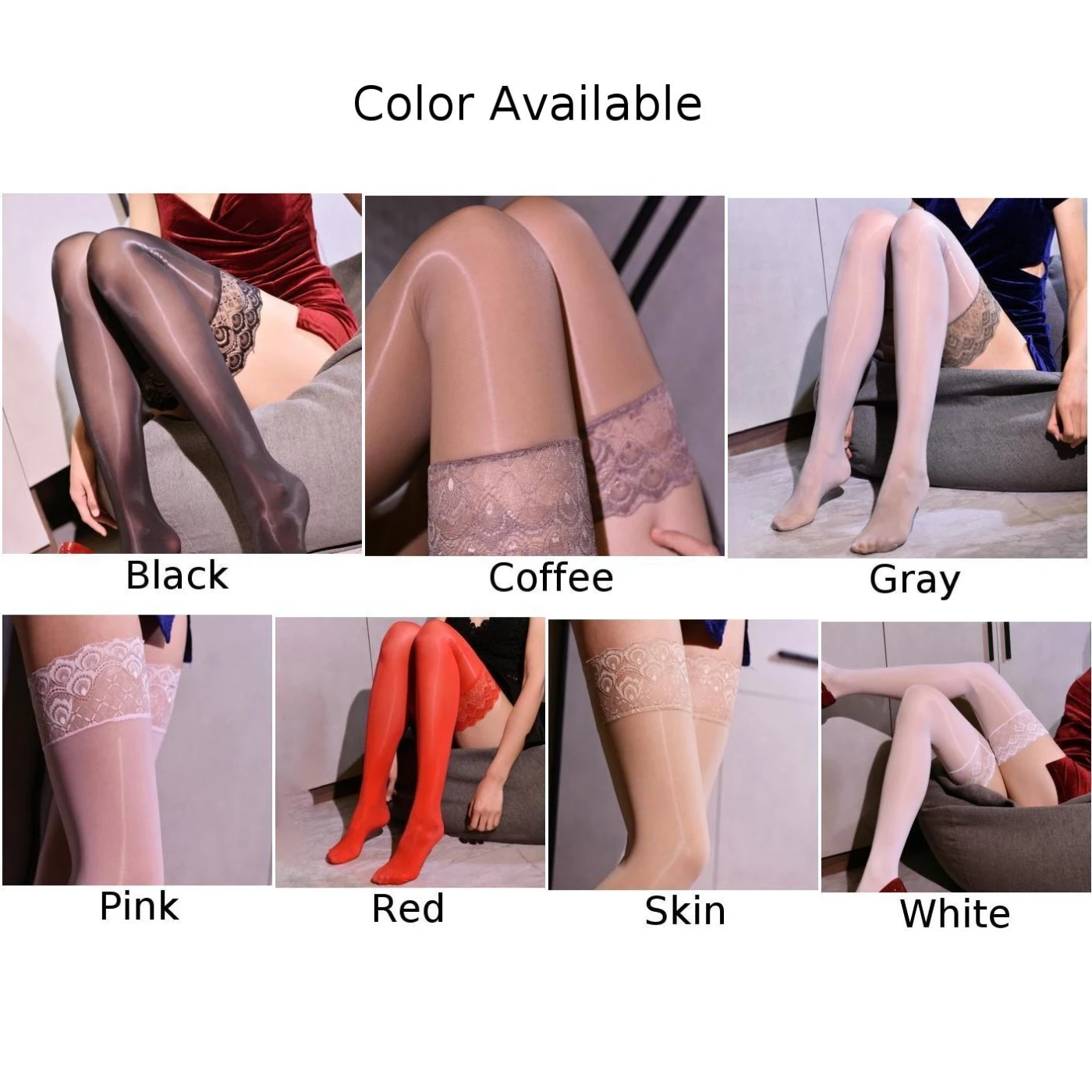 Für den täglichen Gebrauch für alle Jahreszeiten. Glänzende Oberschenkelstrümpfe. Transparente Oberschenkelsocken. Ganzjahres-Alltagskleidung. Hohe Dehnbarkeit