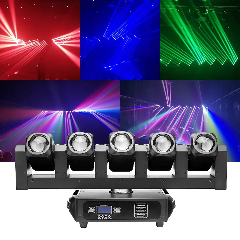 Perlengkapan pencahayaan panggung LED dengan lima kepala lampu bergerak, satu set lengkap dengan 5 kepala lampu bergerak, lampu ambient, dan lampu sorot berputar.