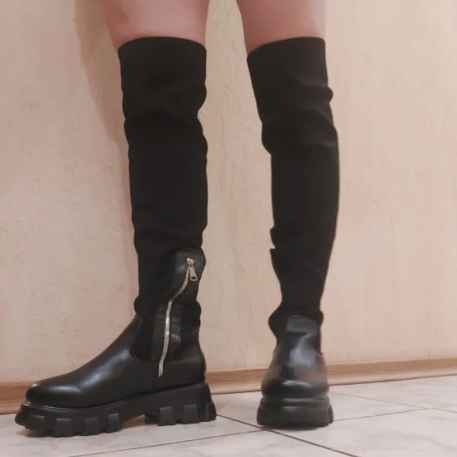 Autumn Winter Platform Leather Over-the-knee Boots Women Plus Size Stretch Boots Punk Shoes Sexy Black High Boots Breathable