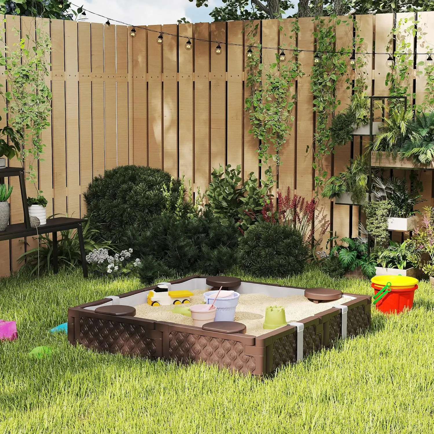 Sandbox per bambini con coperchio, fossa di sabbia da 47 "con rivestimento inferiore impermeabile, 4 sedili incorporati, scatola di sabbia per esterni resistente alle intemperie fo