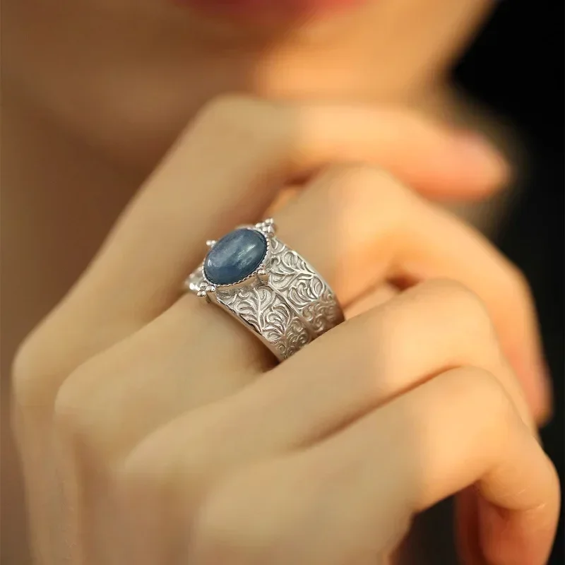 

925 Sterling Silver Blue Stone Vintage Ring for Women Girl Texture Branch Retro Broad Adjustable Fine Jewelry Gift Dropshipping