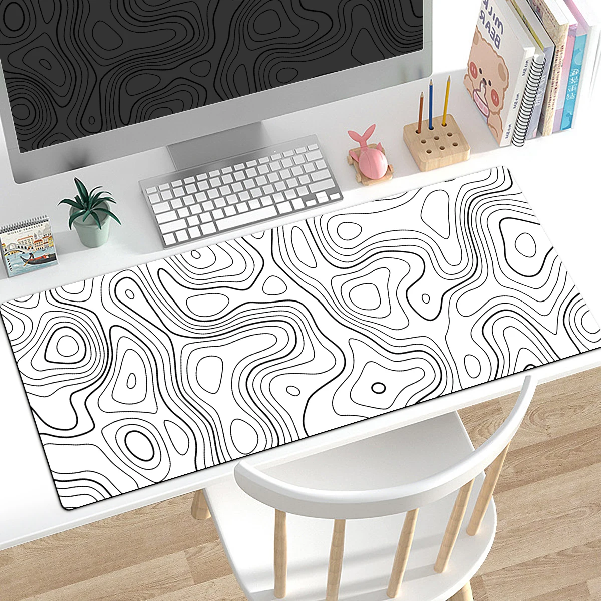 1pc Black&White Abstract Lines Mouse Pad Multi-size Washable Non-Slip Stitched Edge Computer Keyboard Desk Mat For Office Home