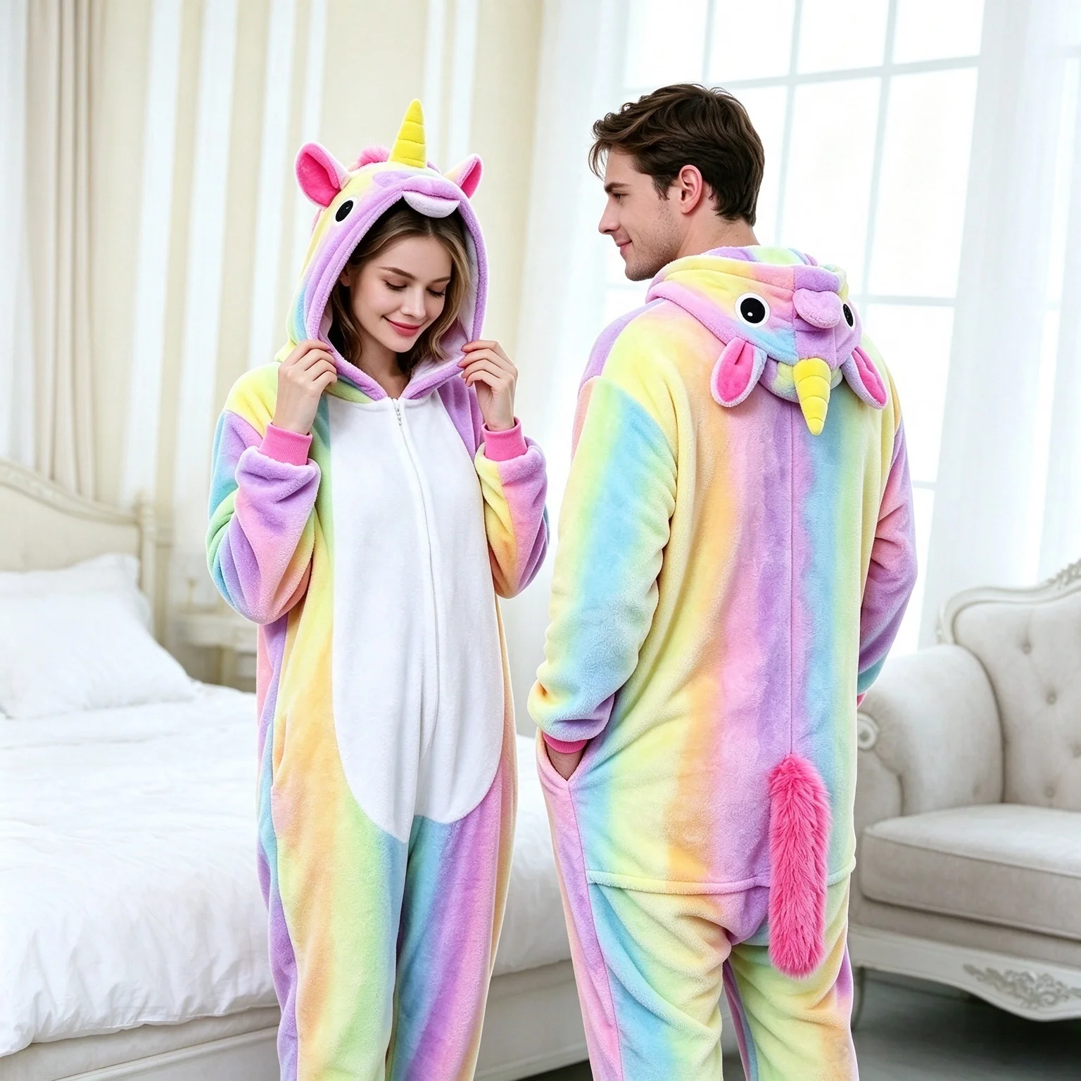 Onesie Rainbow Unicorn Cartoon jumpsuit pajamas flannel animal shaped home wear party cosplay cosplay costume Rainbow Pegasus