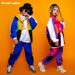 Boys Hip Hop Contrast Coat Girls Jazz Joggers Clothes Set Kids Street Dance Patchwork Jacket Sweatpants Child Costume Streetwear