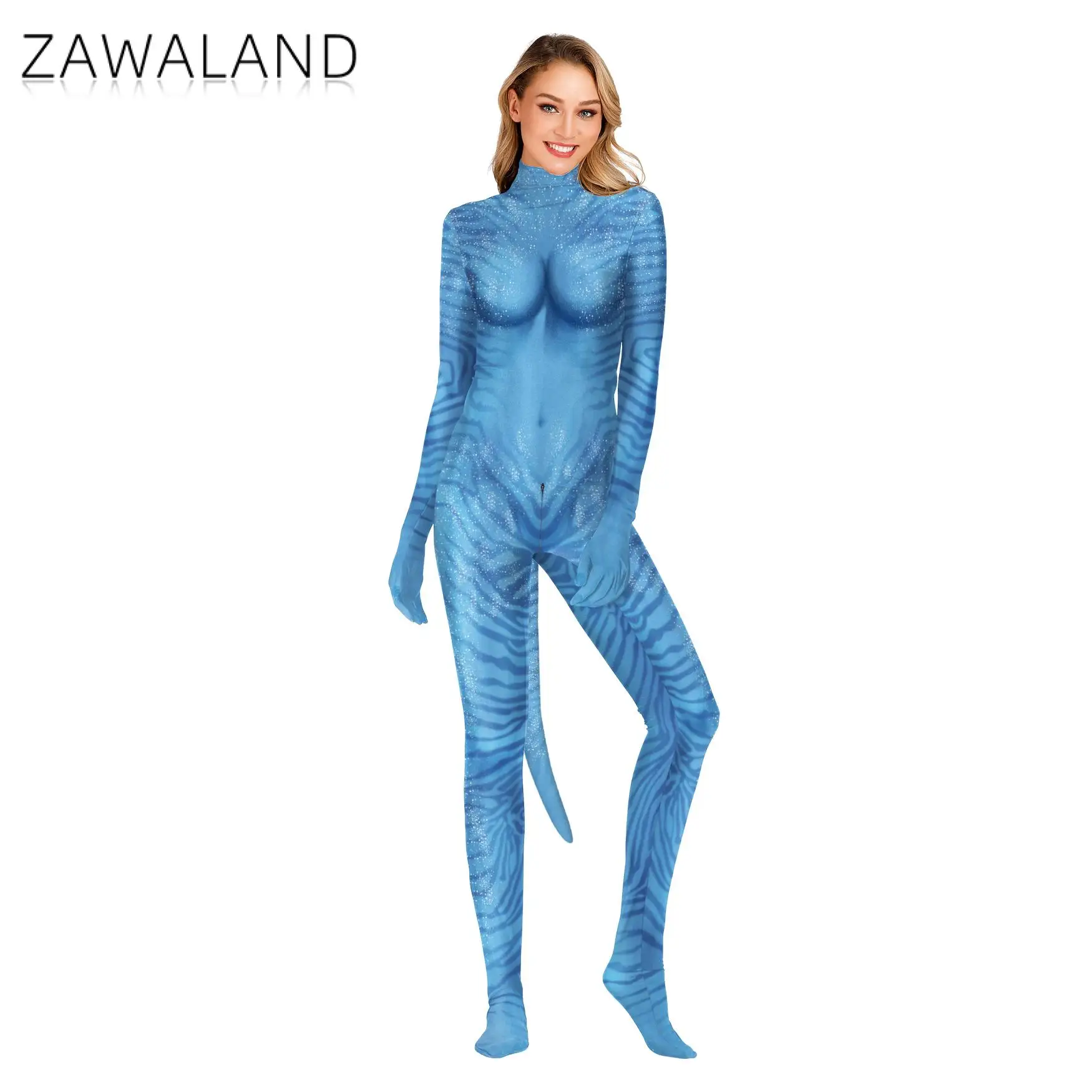 Zawaland Halloween Carnival Cosplay Zebra 3D Printing  Printed Rompers Long Sleeve Bodycon Clothes Catsuit Costumes With Tail