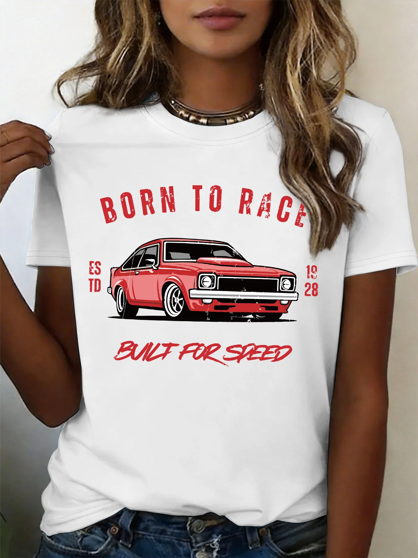 Women Crew Neck Tee Born To Race Retro Race Car Graphic Print Short Sleeve Loose Ladies Summer Cotton Plus Size Casual Top