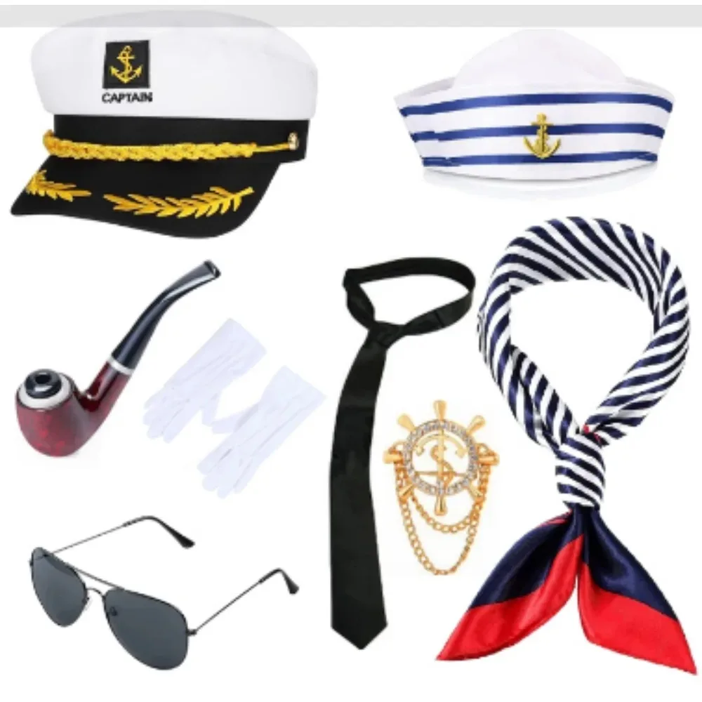 Accesorios de vestir, gorra azul marino, bufanda, corbata, gafas de sol, soporte para cigarrillos, cadena, broche de timón, marinero, azul marino, juego de ocho