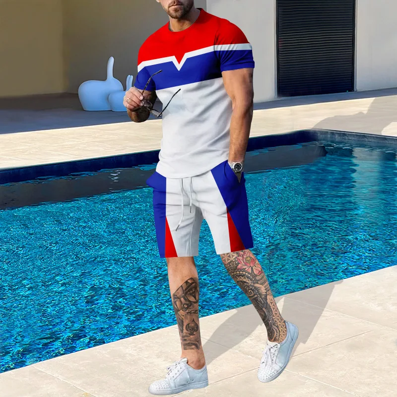 Nowy stylowy męski zestaw szortów plażowych z nadrukiem 3D T-shirt z krótkim rękawem + szorty 2-częściowy zestaw Letnie dresy oversize