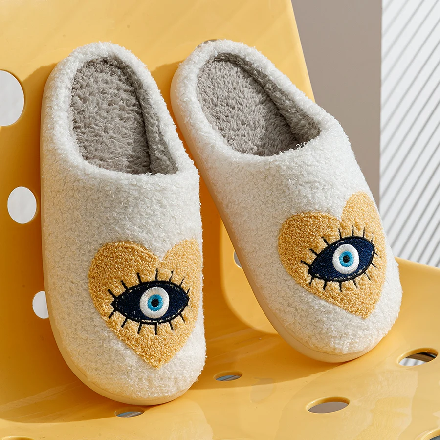 Houseshoes Women Slippers Winter Warm Soft Funny Evil Eye In Heart Fashion Non-slip Flat Cotton Indoor Shoes Leisure Girls