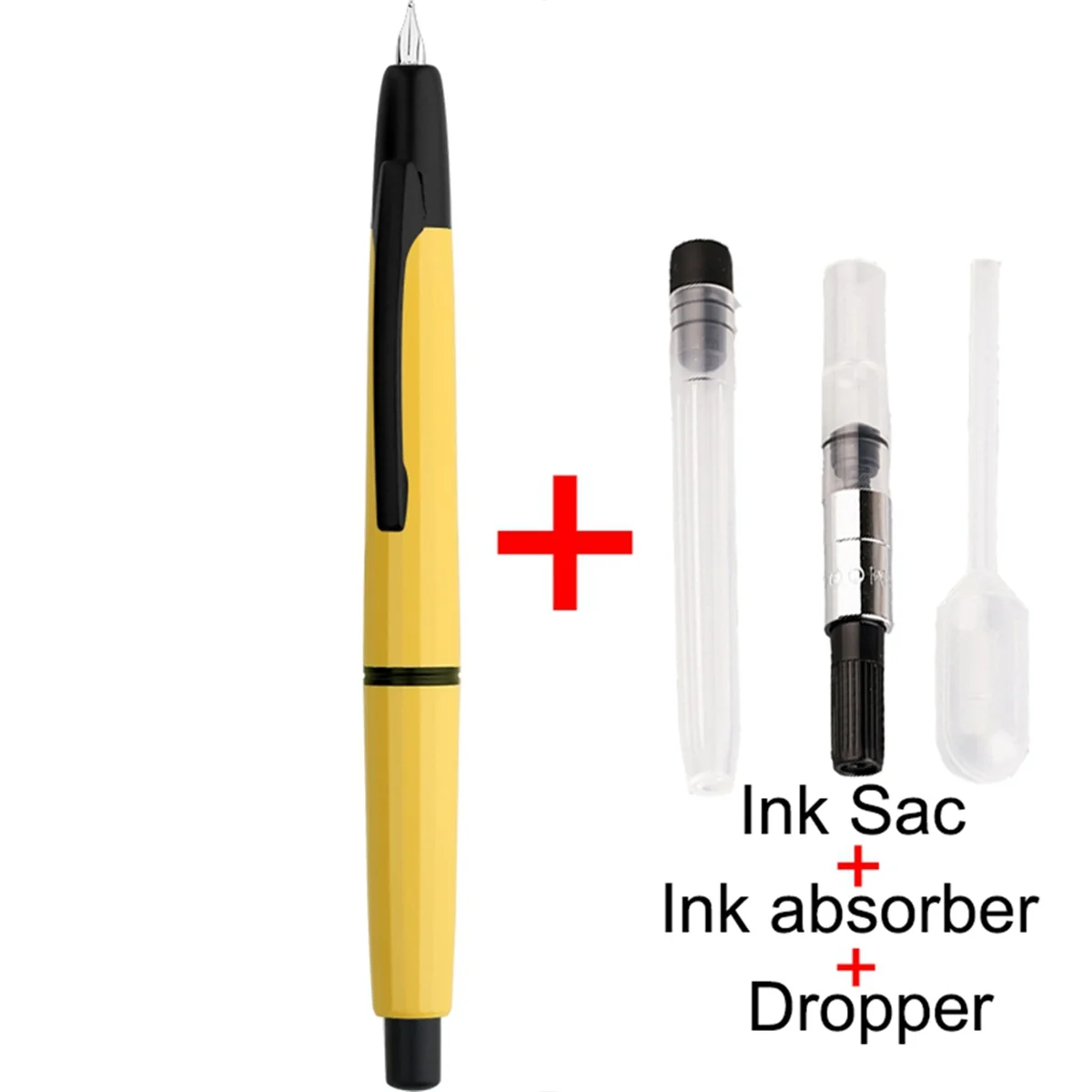 Press Resin Fountain Pen Extra Fine Nib 0.4mm Ink Pen Converter for Writing Gift Yellow(Black Clip)