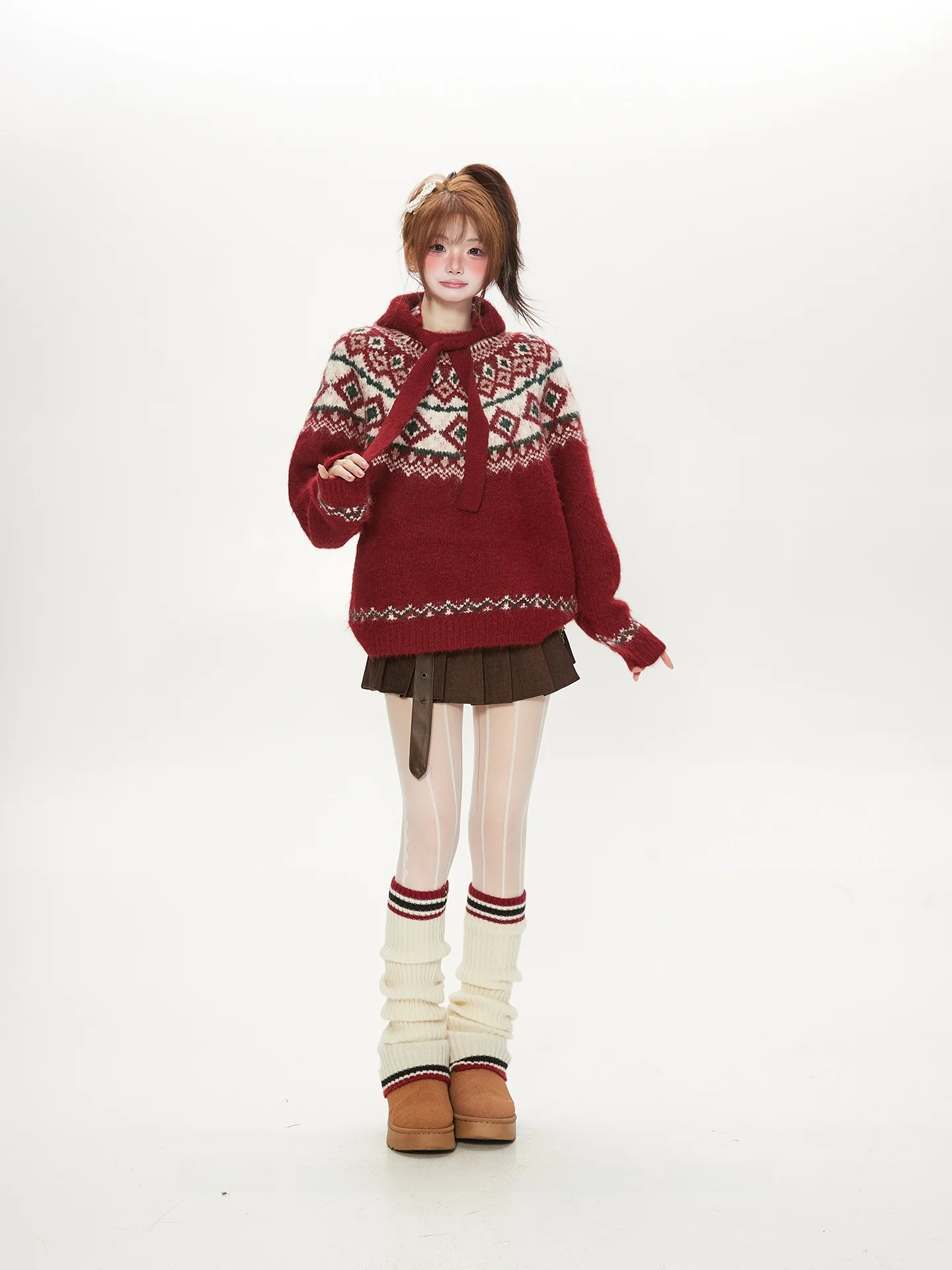

Ladies Red Knitted Sweater with Hat Containing Wool Comfortable Loose Fit for Autumn Winter Spring Season Casual Wear