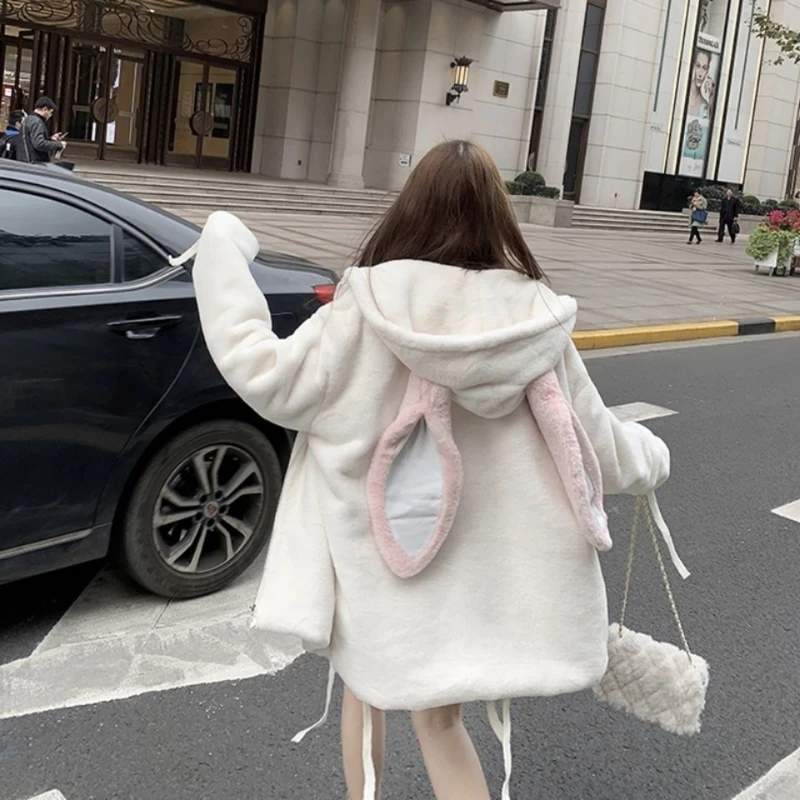 Nerazzurri Spring fluffy jacket with rabbit ears raglan sleeve zipper Oversize light soft harajuku kawaii faux fur hoodie 2024