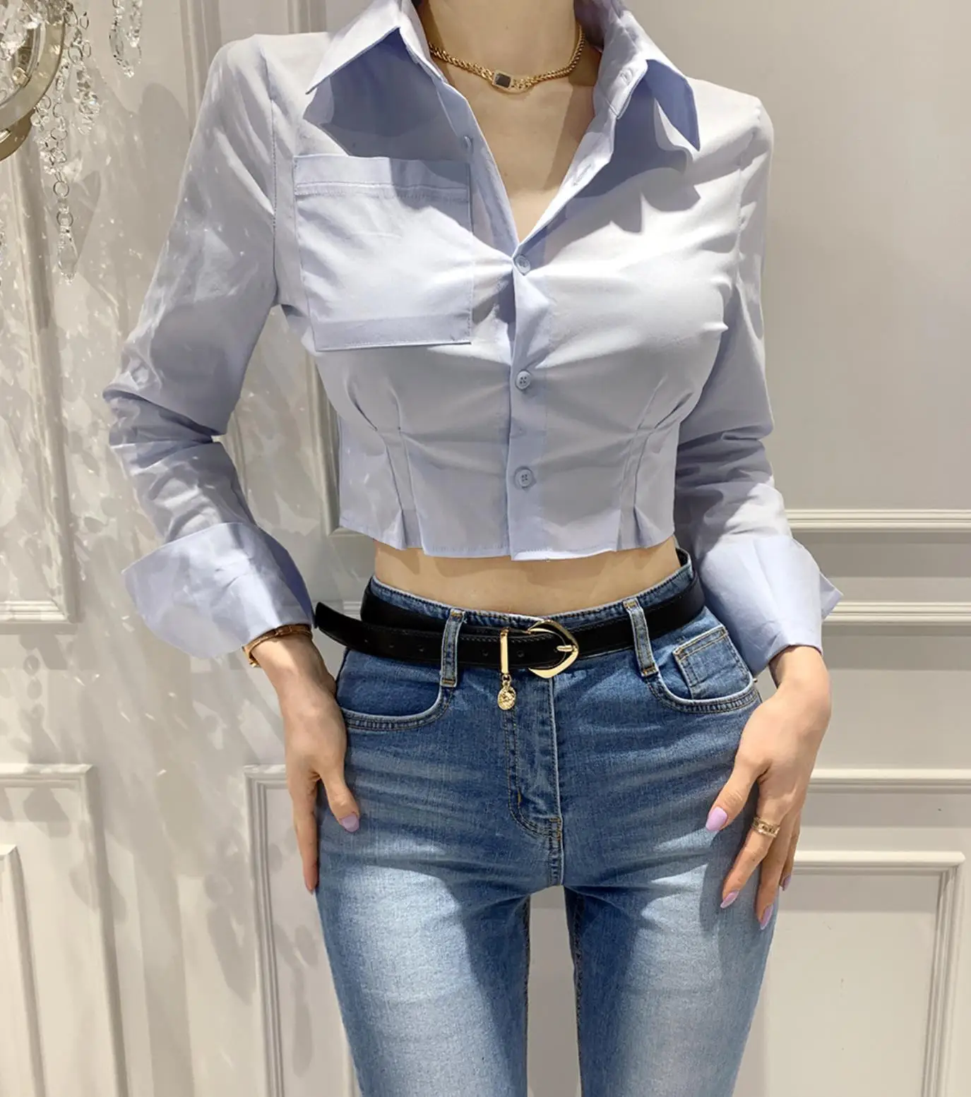 

Waist-Cinching Short-Length Long-Sleeve Shirt 2024 Style Collar Tight-Fit Cotton Casual Women's Shirt Pure Color