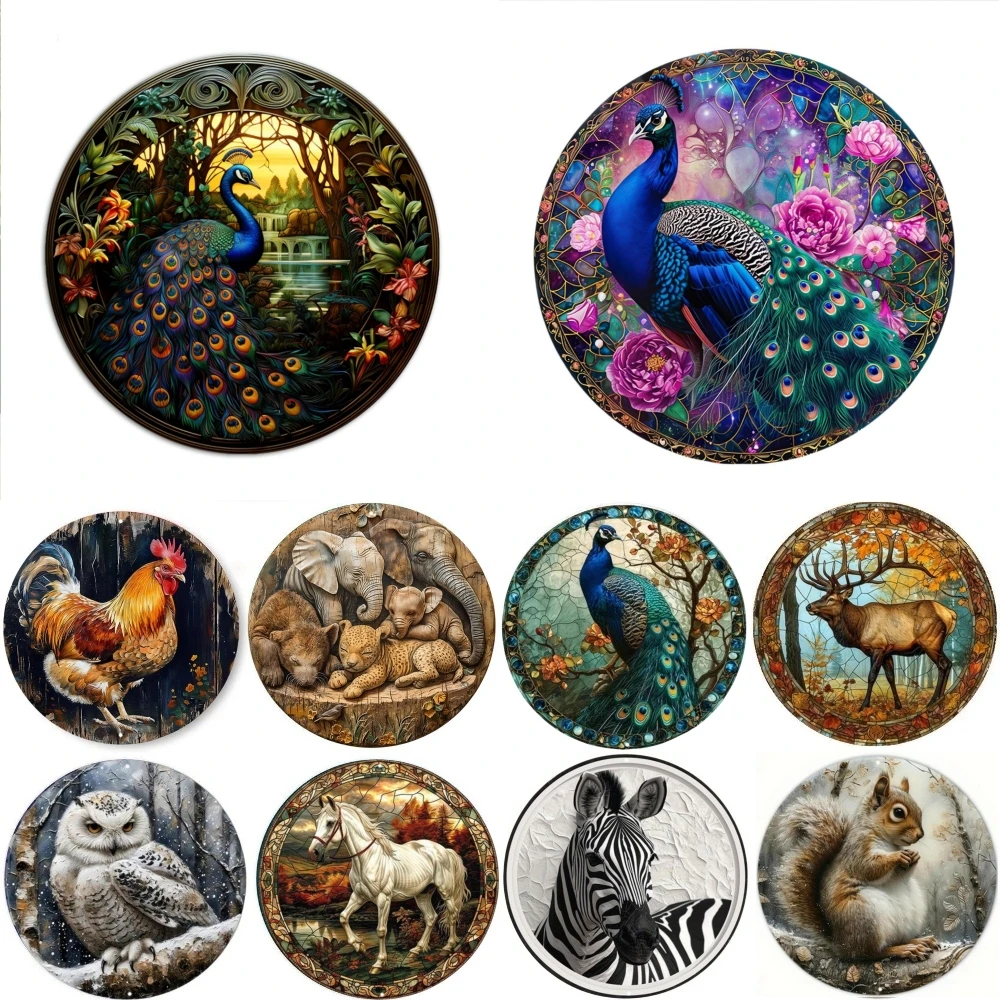 Cock Elephant Rooster Theme Round Metal Aluminum Sign Desktop Decorative Plates for Bar Cafe Club Yard Home Office Wall Decor