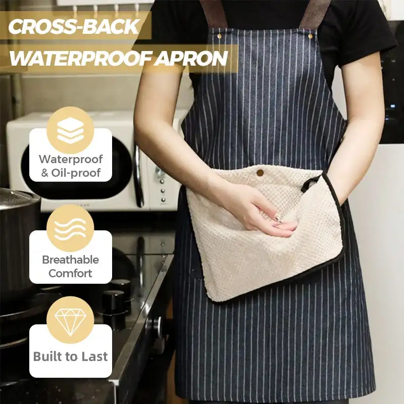 

Waterproof Kitchen Apron Sleeveless Cross Back Restaurant Uniform with Removable Hand Towel Anti-fouling Cooking Baking Bibs