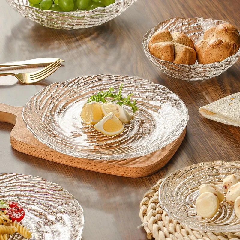 Transparent Glass Dessert Dish Light Luxury Household Dim Sum Fruit Salad Plate Kitchen Tableware Round Bread Plates тарелки
