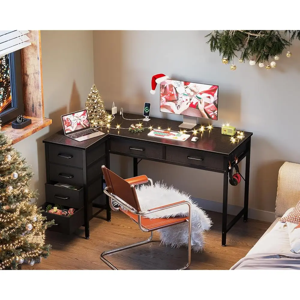 42 H L Shaped Desk With Drawers, Computer Desk With Power Outlets, Home Office Desk With 6 Drawers, Reversible Corner Desk For