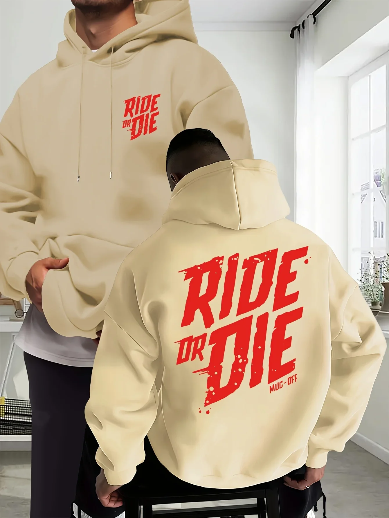 Ride Or Die Hoodie, Unisex Drawstring Hooded Sweatshirt Red Distressed Slogan Front Back Print Biker Streetwear Pullover