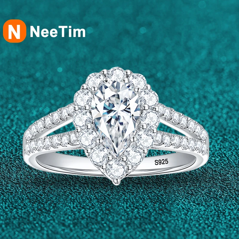 

NeeTim Full Moissanite Rings Pear Cut Water Drop Wedding Ring for Women 925 Sterling Silver Engagement Eternity Luxury Band