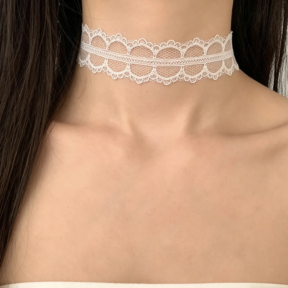 Black White Color Lace Mesh Choker Necklace for Women Cute Sweet Short Collarbone Chain Sheer See Through Necklace for Girls