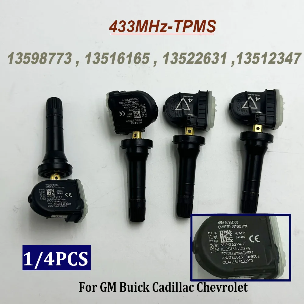 

1/4PCS 13598773 433Mhz TPMS Tire Pressure Monitor Sensor 13516165 13512347 13522631 For C-adillac G-MC Sierra C-hevrolet